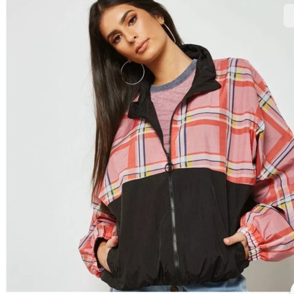 TOPSHOP ‘90s Check Oversized Windbreaker Jacket Coat Zip Pockets Nylon Y2K 10